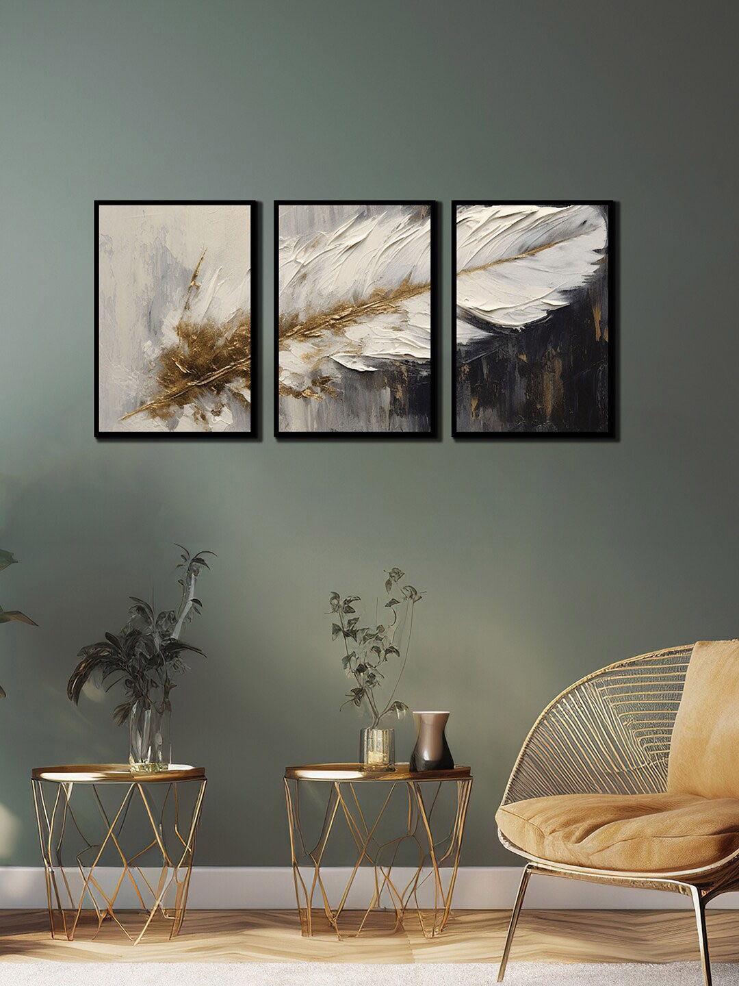 

WENS 3 Pcs Black & Grey Feather Painting Framed Wall Art