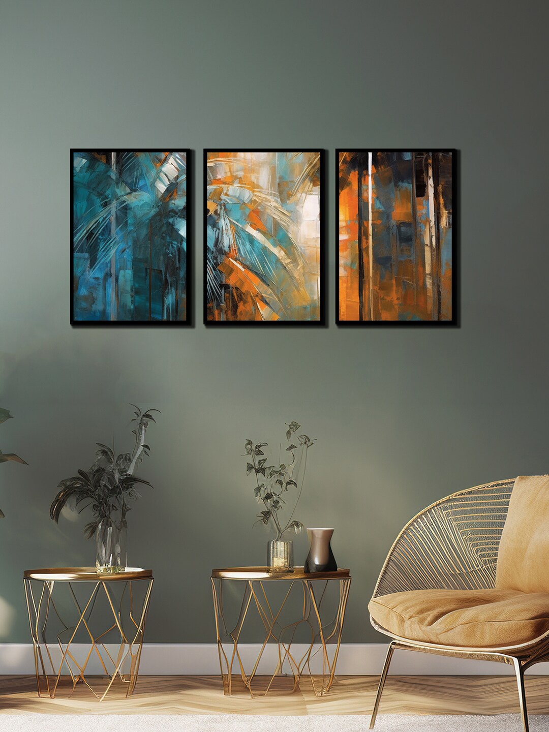

WENS 3 Pcs Blue & Orange Abstract Painting Framed Wall Art