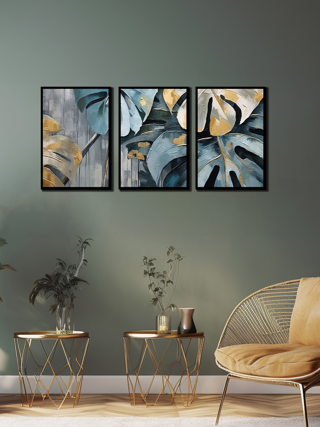 

WENS 3 Pcs Black & Green Plants Painting Framed Wall Art