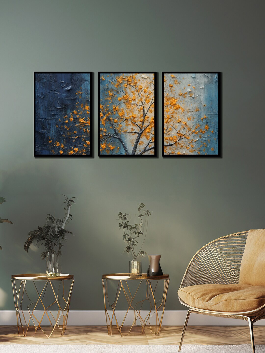 

WENS 3 Pcs Blue & Orange Tree Painting Framed Wall Art