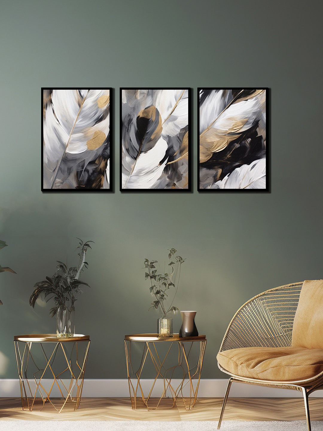 

WENS 3 Pcs Black & White Feather Painting Framed Wall Art