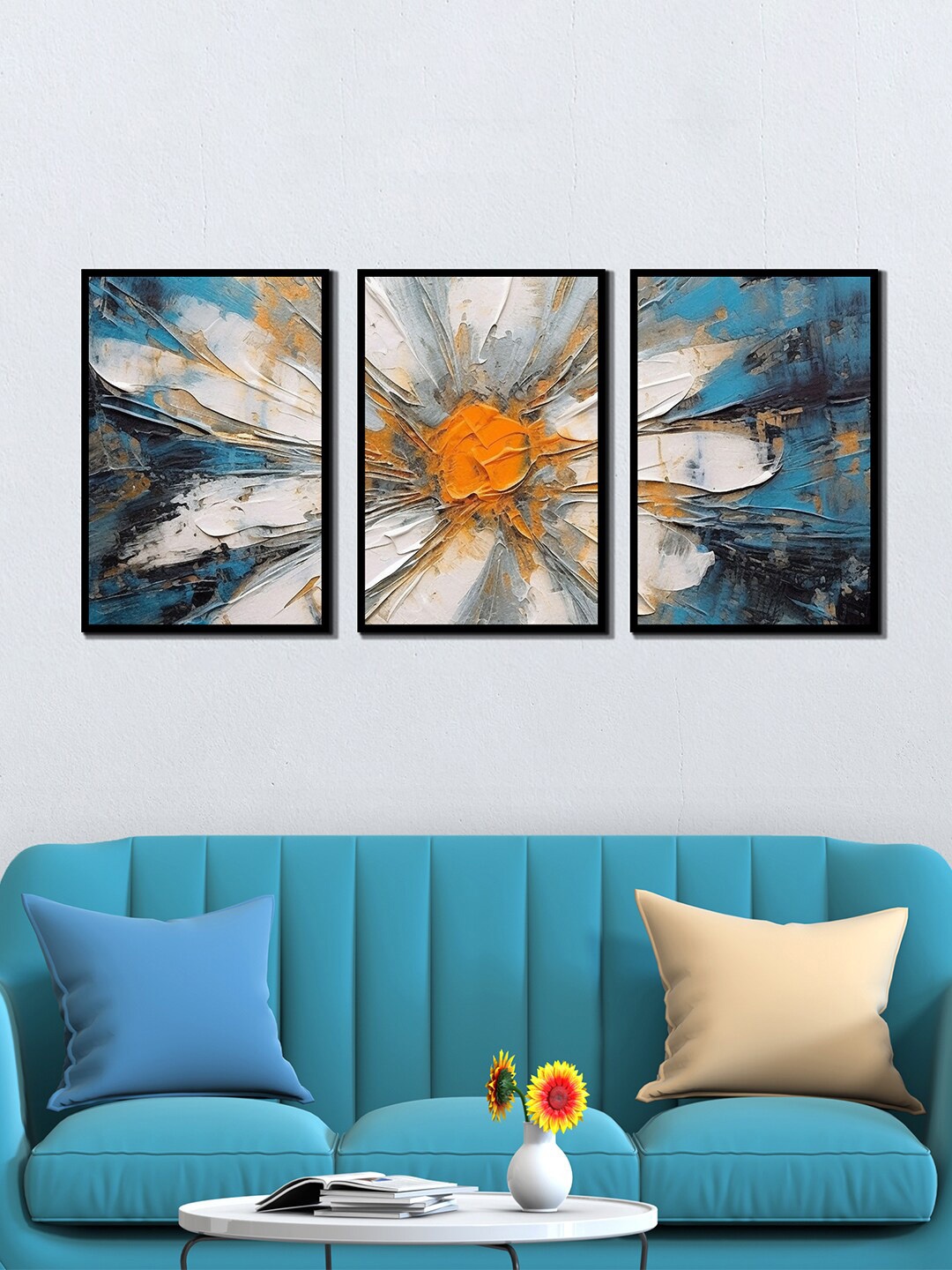 

WENS 3 Pcs White & Blue Floral Painting Framed Wall Art