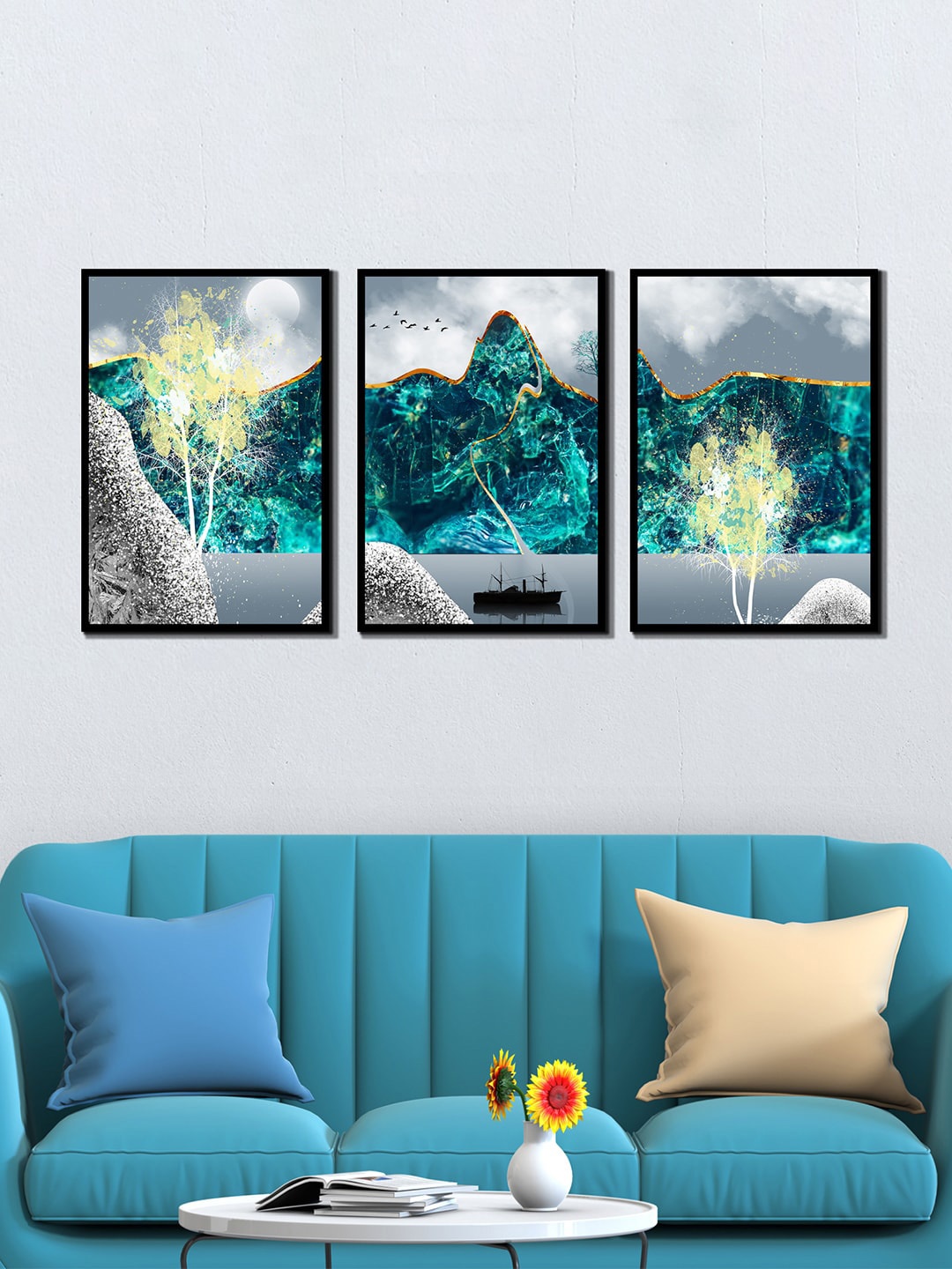 

WENS Black & Blue 3-Pieces Abstract Printed Framed Wall Art