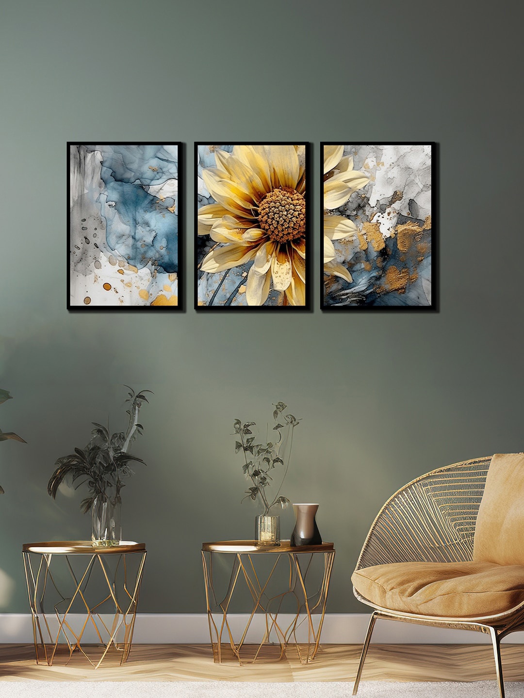 

WENS Black & Orange 3-Pieces Sunflower Printed Framed Wall Art