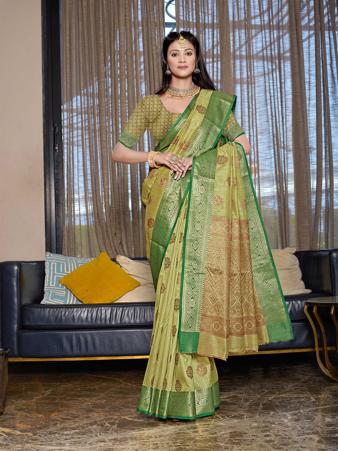 

Mitera Woven Design Zari Banarasi Saree, Olive