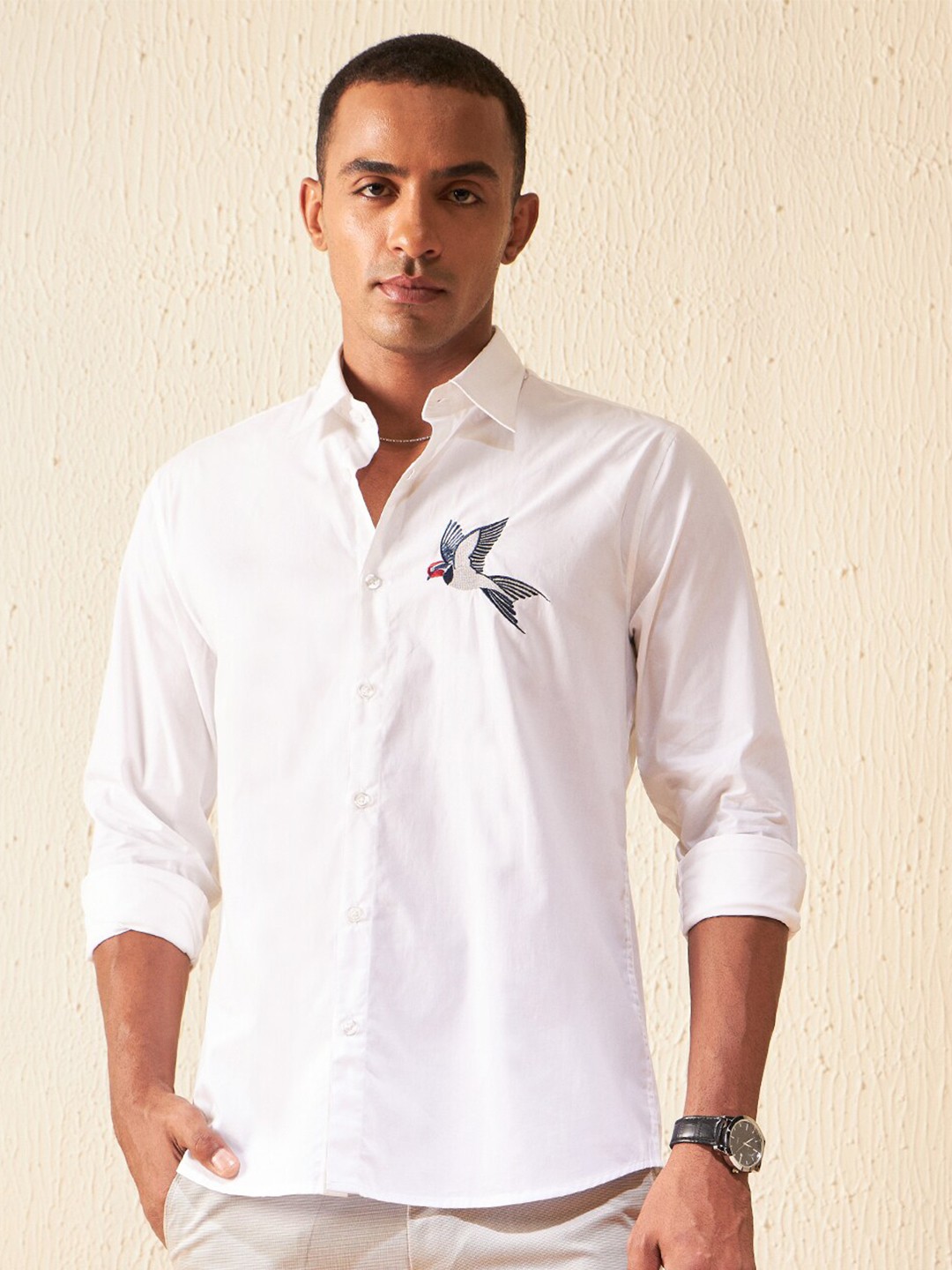 

DENNISON Cotton Smart Slim Fit Casual Shirt With Embroidered Detail, White