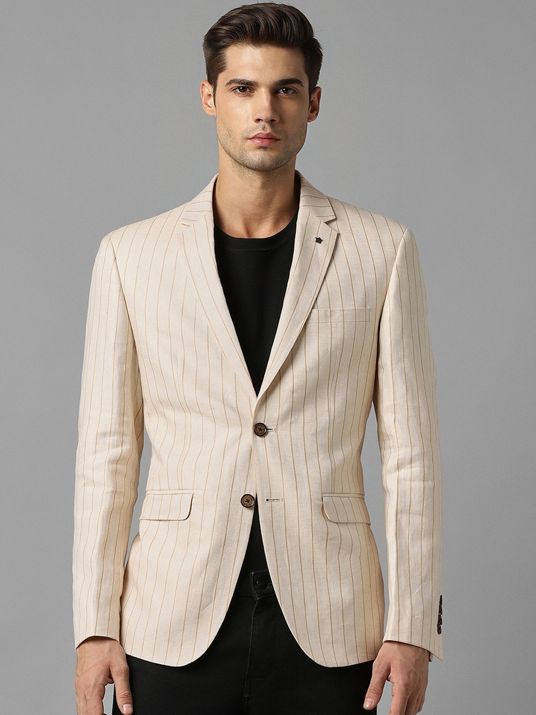

Louis Philippe Striped Slim-Fit Single Breasted Casual Blazers, Cream