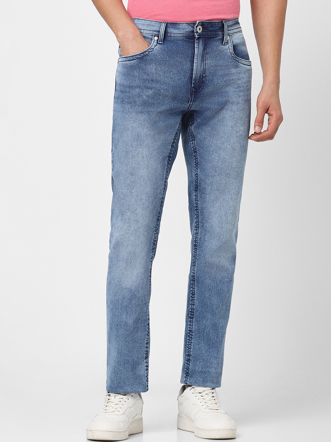 

Peter England Men Clean Look Mid-Rise Tapered Fit Stretchable Jeans, Blue