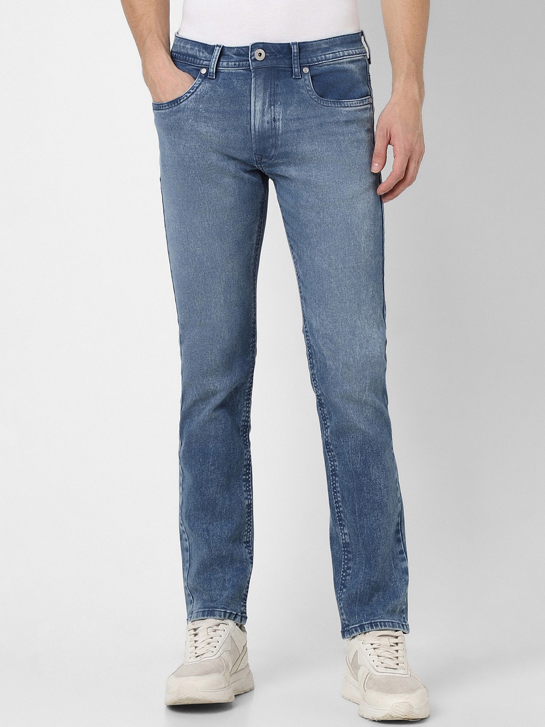 

Peter England Men Clean Look Mid-Rise Heavy Fade Cropped Stretchable Jeans, Blue