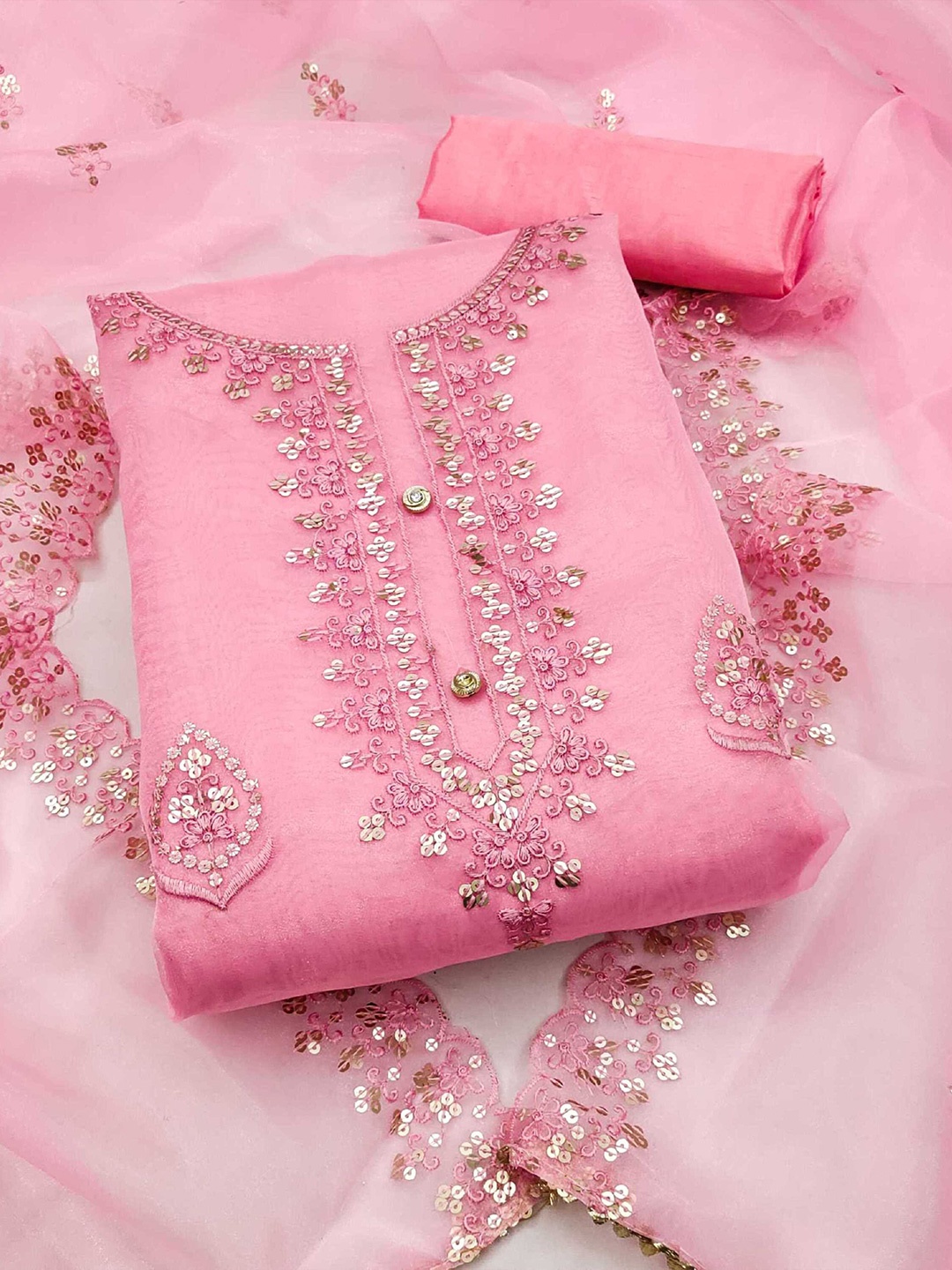 

KALINI Floral Embroidered Sequinned Organza Unstitched Dress Material, Pink