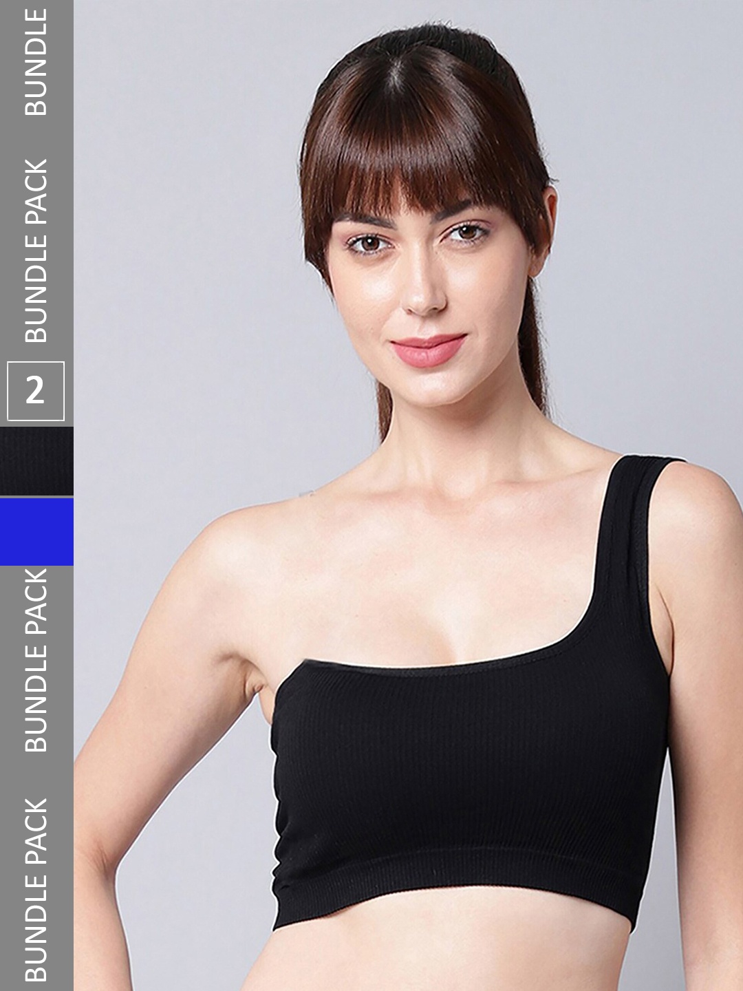 

PIBU Pack Of 2 One Shoulder Non Padded Cotton Workout Bra Wih 360 Degree Support, Blue