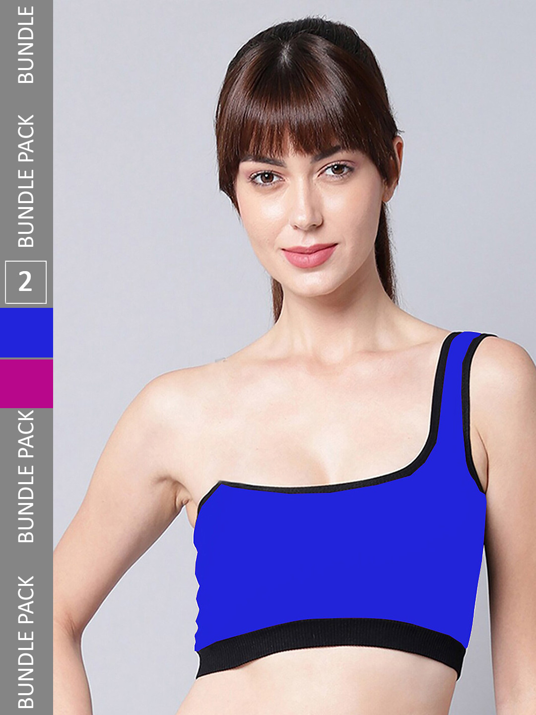 

PIBU Pack Of 2 One Shoulder Non Padded Cotton Workout Bra Wih 360 Degree Support, Blue
