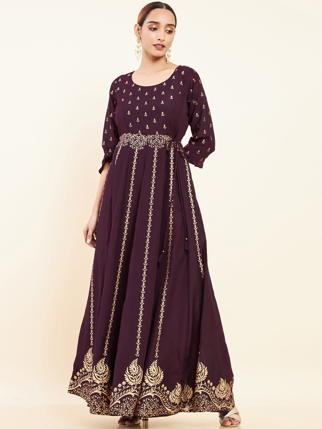

Maybell Ethnic Motifs Printed Cotton Silk Maxi Ethnic Dresses, Maroon
