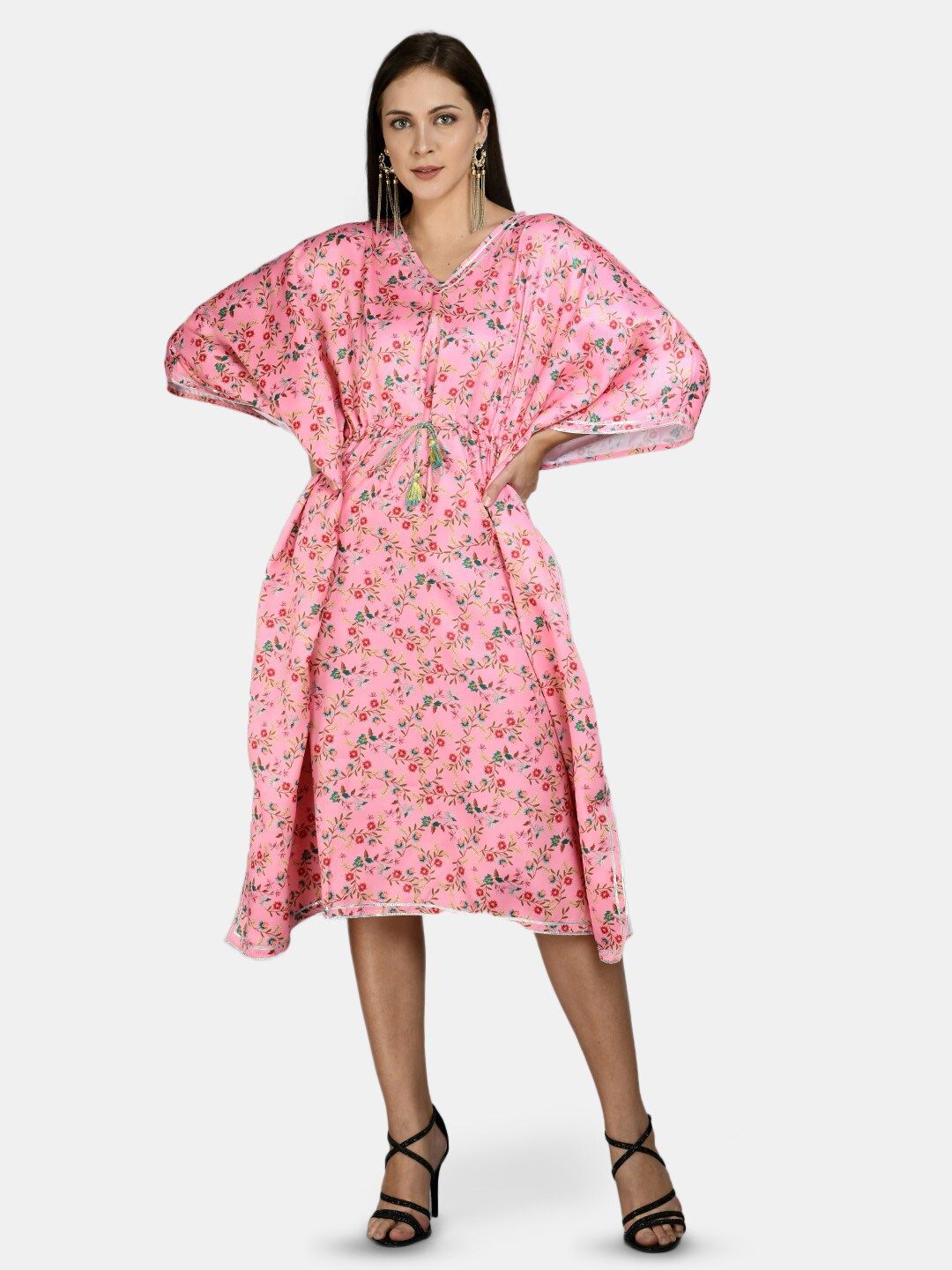 

DressBerry Floral Printed V-Neck Kimono Sleeves Kaftan Dress, Pink