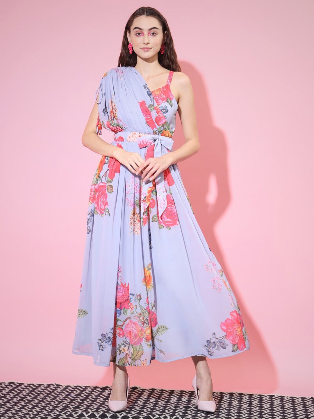 DressBerry Grey Floral Printed One Shoulder Tie-Ups Detail Maxi Dress
