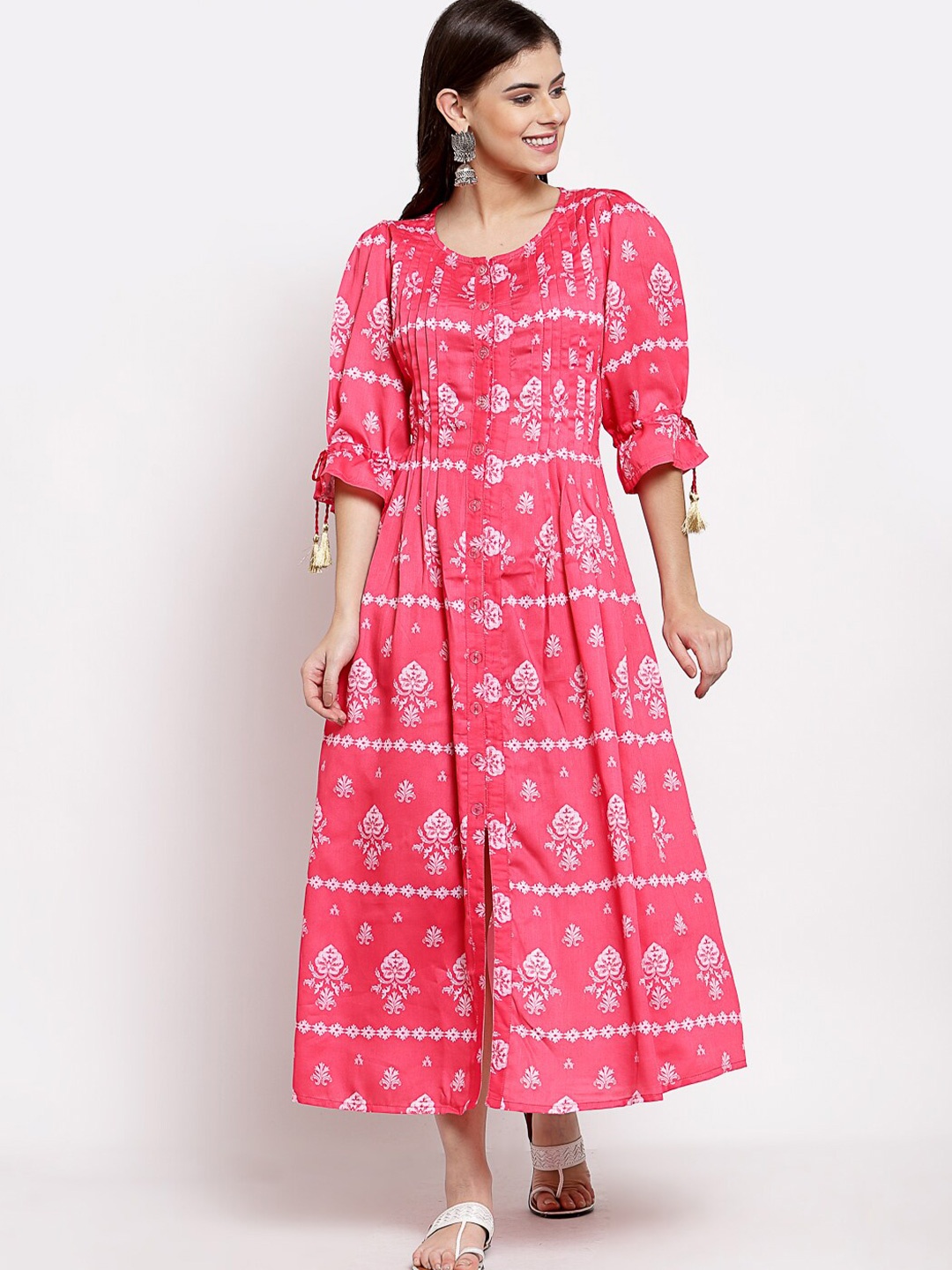 

DressBerry Ethnic Motifs Printed Pleated Detail Cotton A-Line Ethnic Dresses, Pink