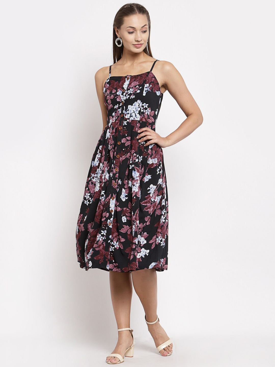 

DressBerry Floral Printed Fit & Flare Midi Dress, Black