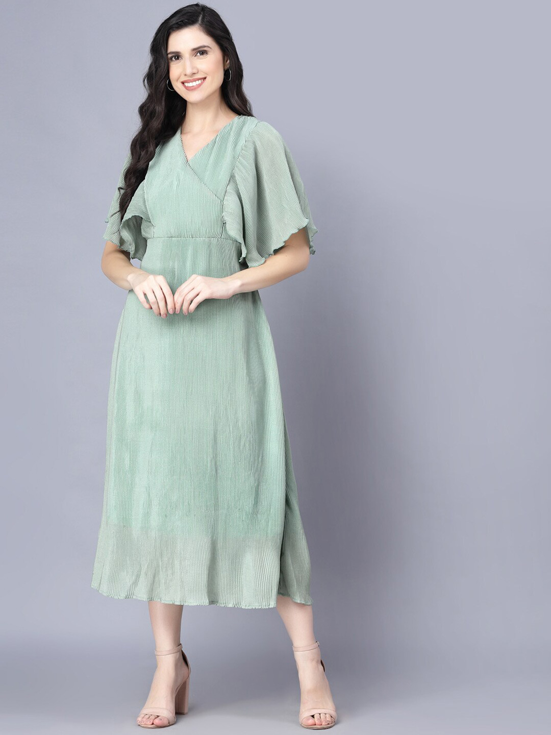 

DressBerry Striped Flared Sleeves A-Line Dress, Green