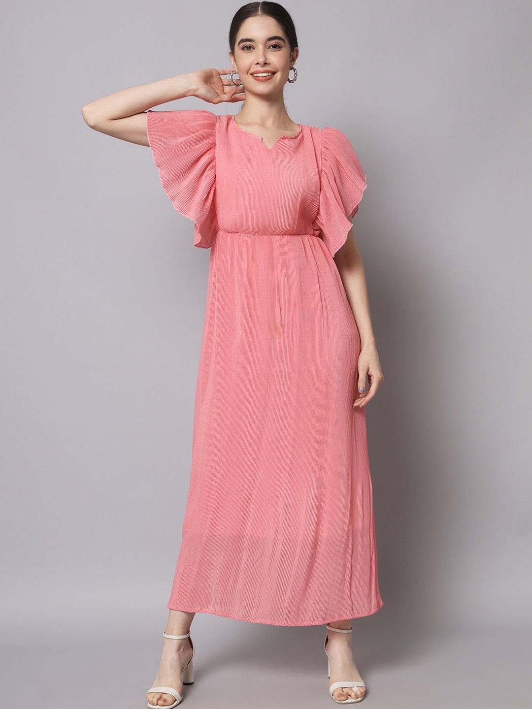 

DressBerry Flutter Sleeves Midi A-Line Dress, Pink