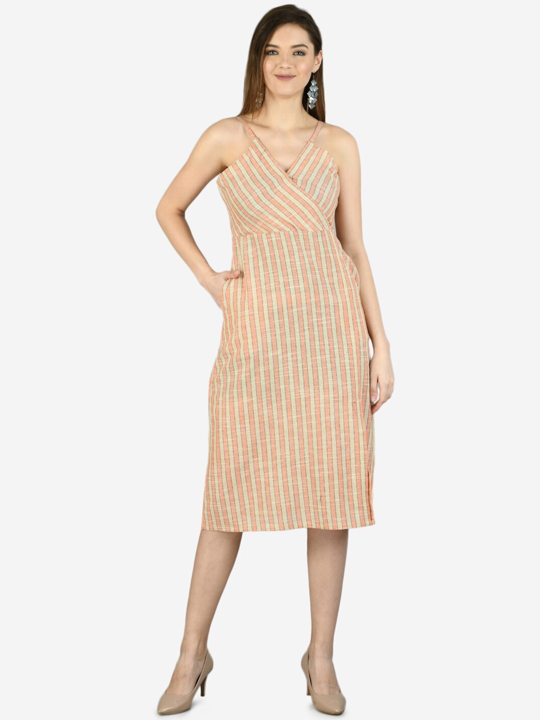 

DressBerry Striped Shoulder Strap Cotton Sheath Midi Dress, Orange