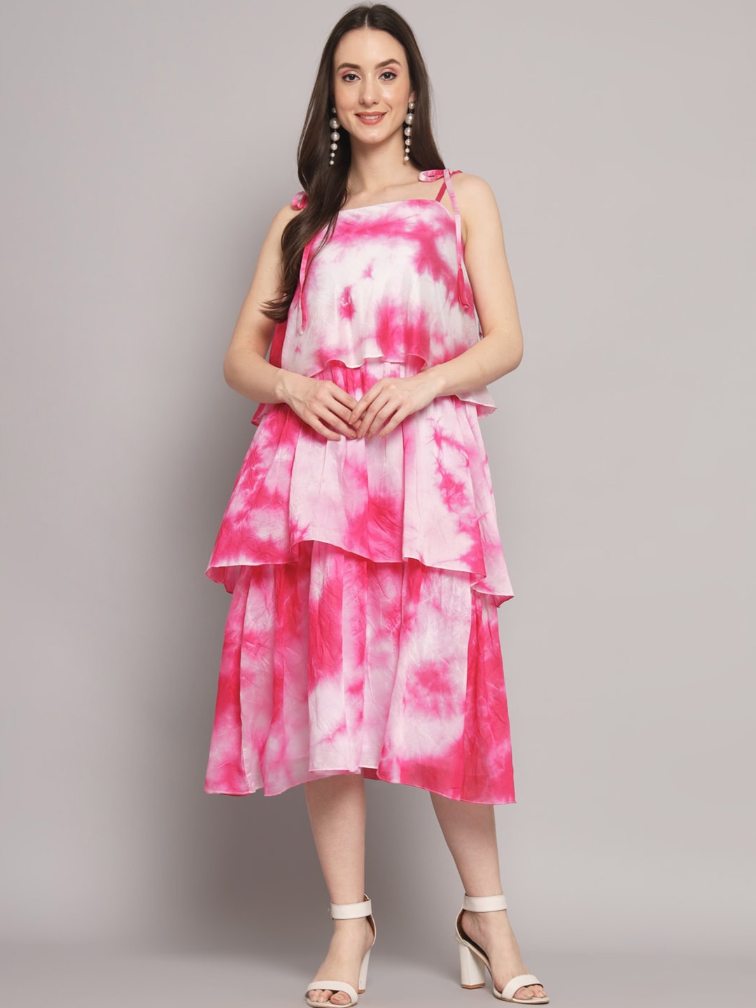 

DressBerry Shoulder Straps Layered Detail Tie and Dye A-Line Dress, Multi