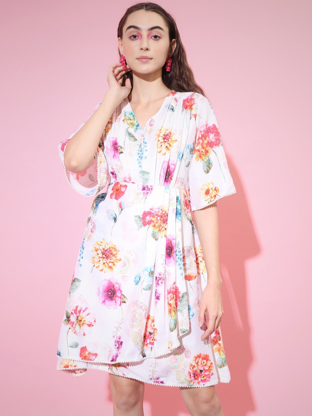 

DressBerry Floral Printed V-Neck Fit & Flare Dress, White