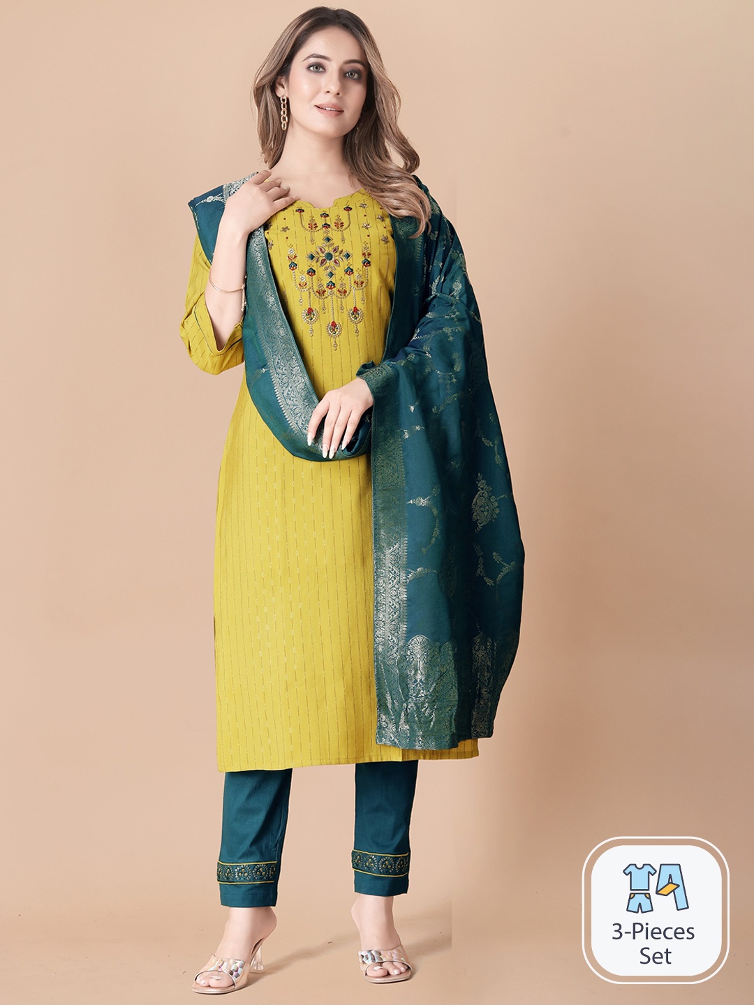 

B4ME.COM Ethnic Motifs Embroidered Regular Thread Work Kurta With Trousers & With Dupatta, Mustard