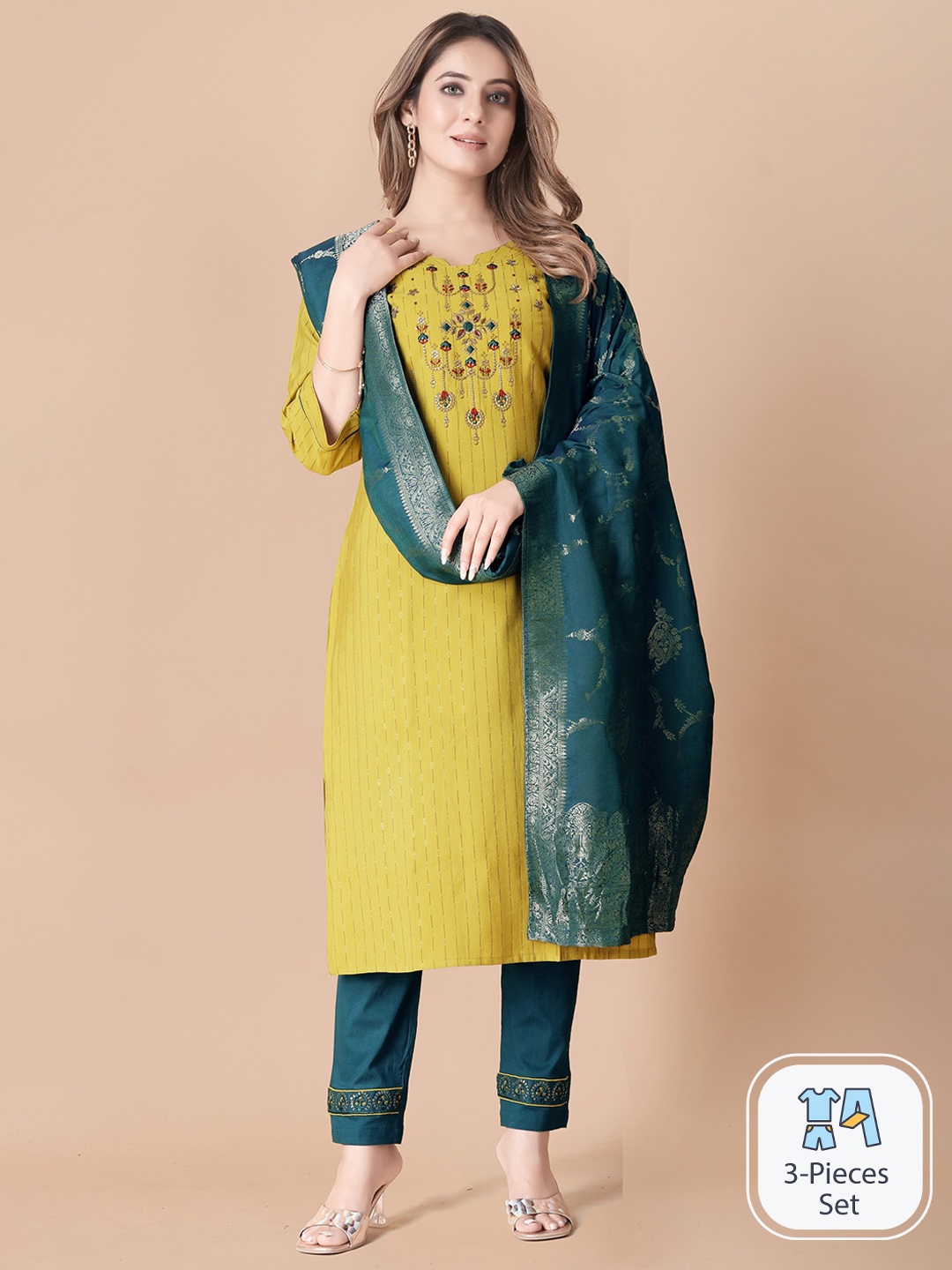 

B4ME.COM Ethnic Motifs Embroidered Regular Thread Work Kurta With Trousers & With Dupatta, Mustard