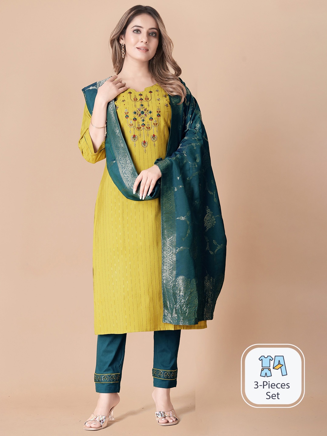 

B4ME.COM Ethnic Motifs Embroidered Regular Thread Work Kurta With Trousers & With Dupatta, Mustard