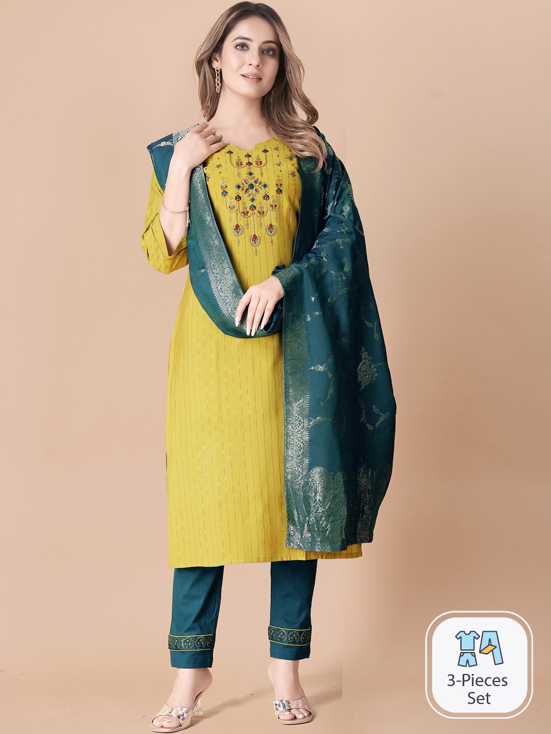 

B4ME.COM Ethnic Motifs Embroidered Regular Thread Work Kurta With Trousers & With Dupatta, Mustard