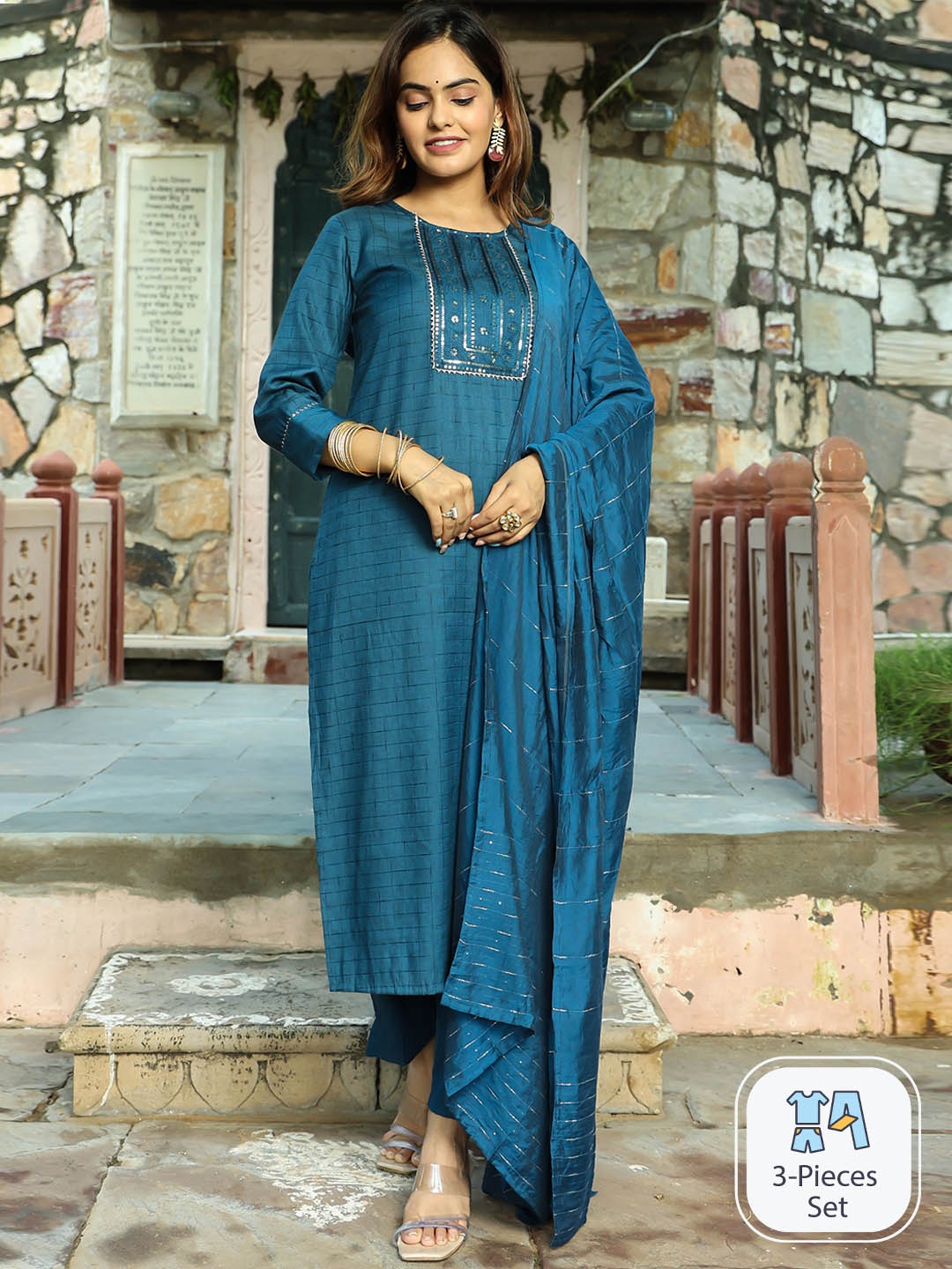 

misbis Checked Gotta Patti Pure Cotton Kurta with Trousers & With Dupatta, Teal