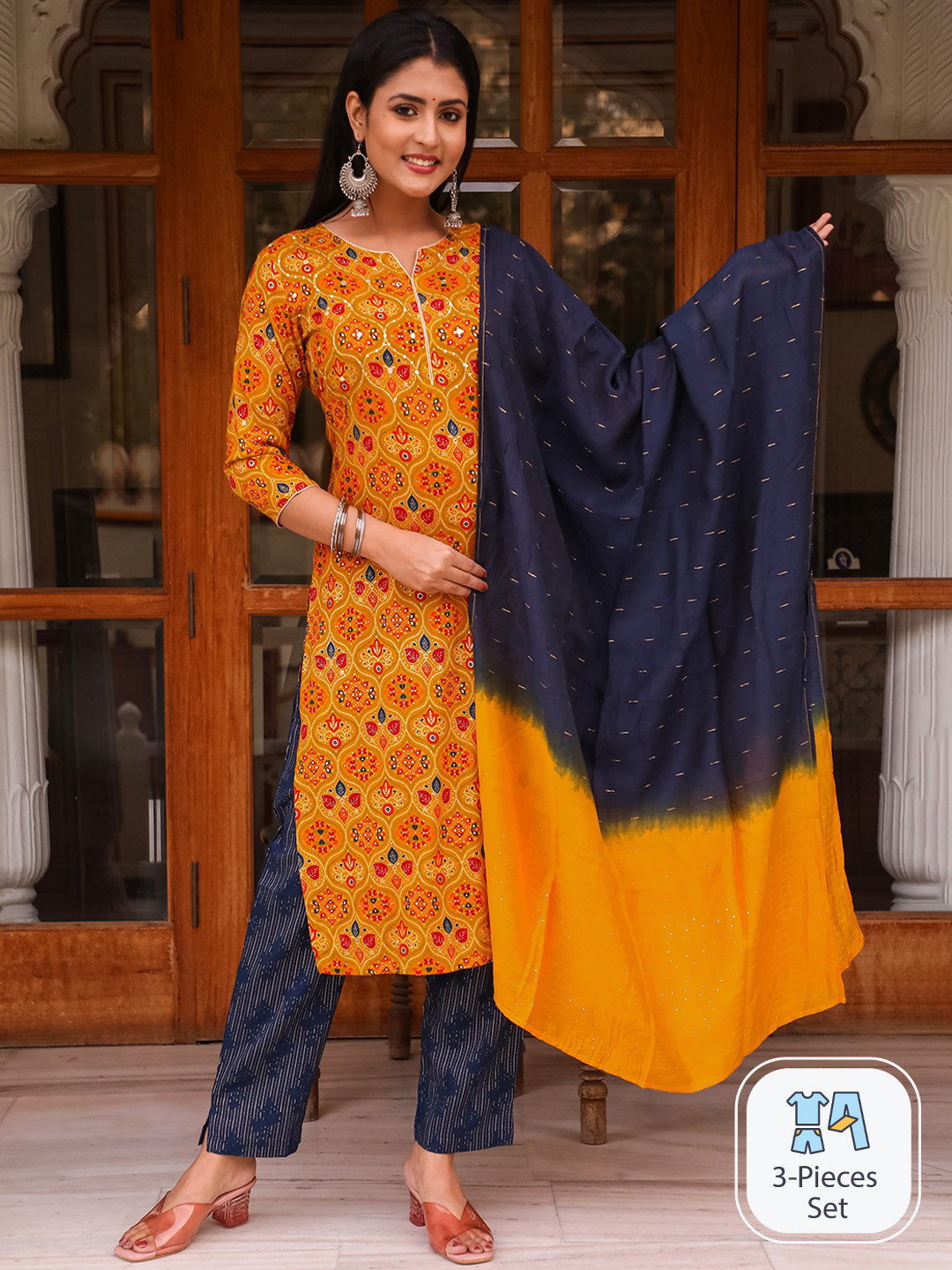 

misbis Ethnic Motifs Printed Regular Sequinned Kurta with Trousers & With Dupatta, Yellow
