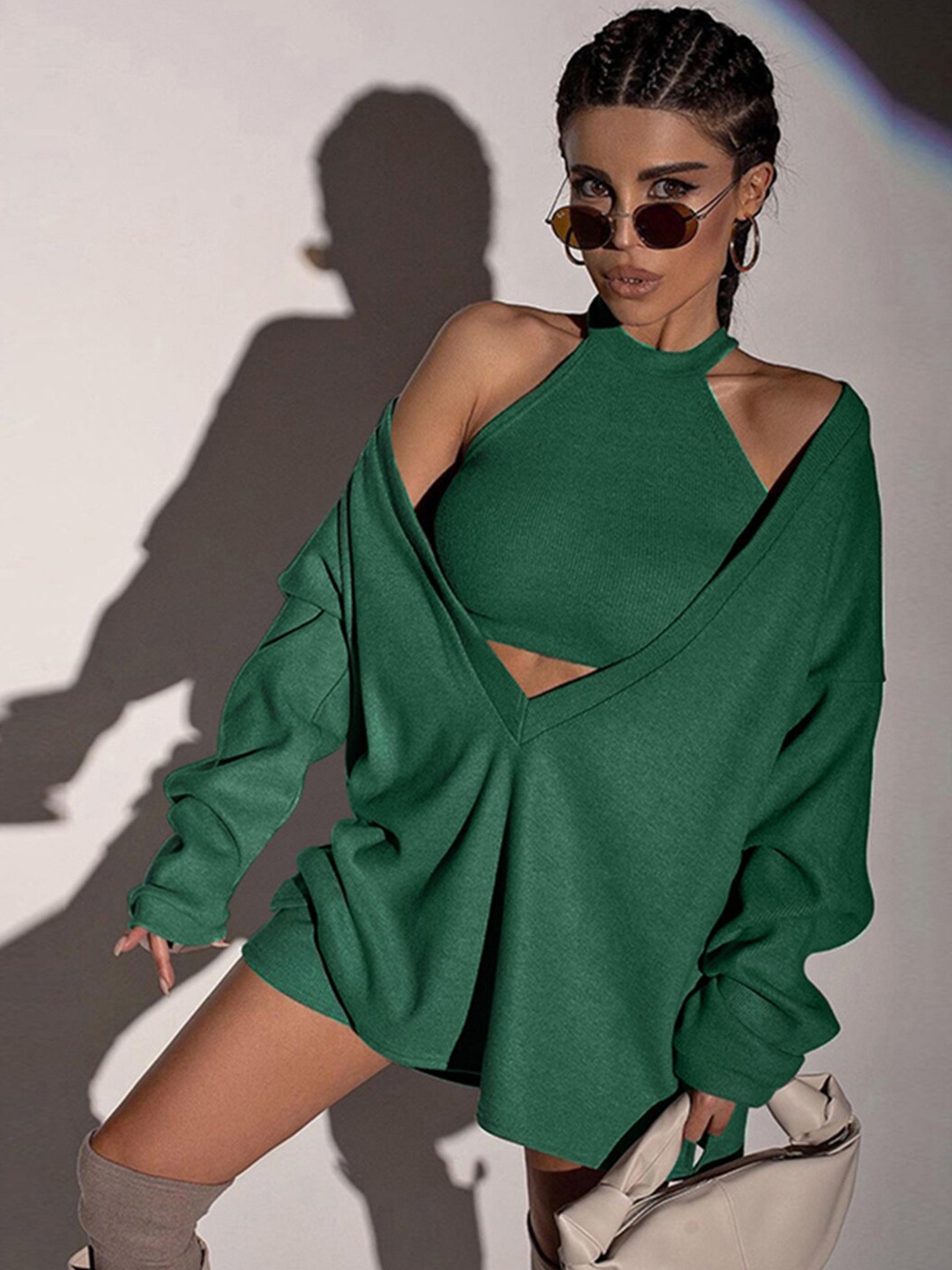 

StyleCast Green Halter Neck Top & Shorts With Pullover