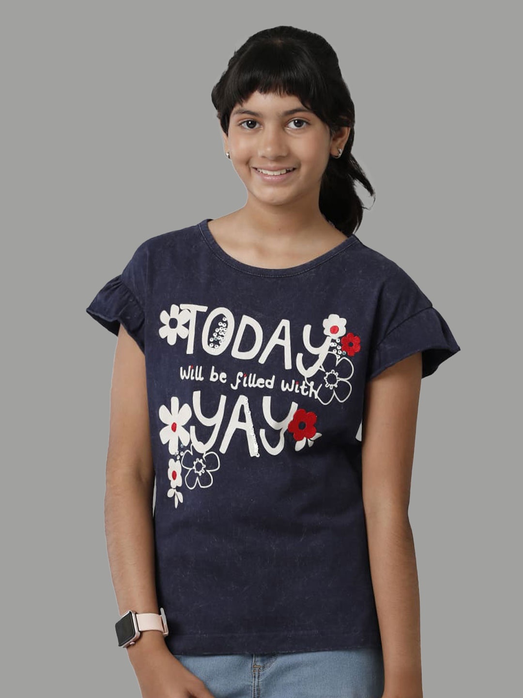 

UNDER FOURTEEN ONLY Girls Typography Printed Cotton T-shirt, Navy blue