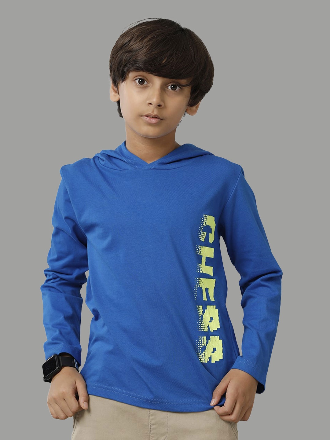 

UNDER FOURTEEN ONLY Boys Typography Printed Hooded Cotton T-shirt, Blue