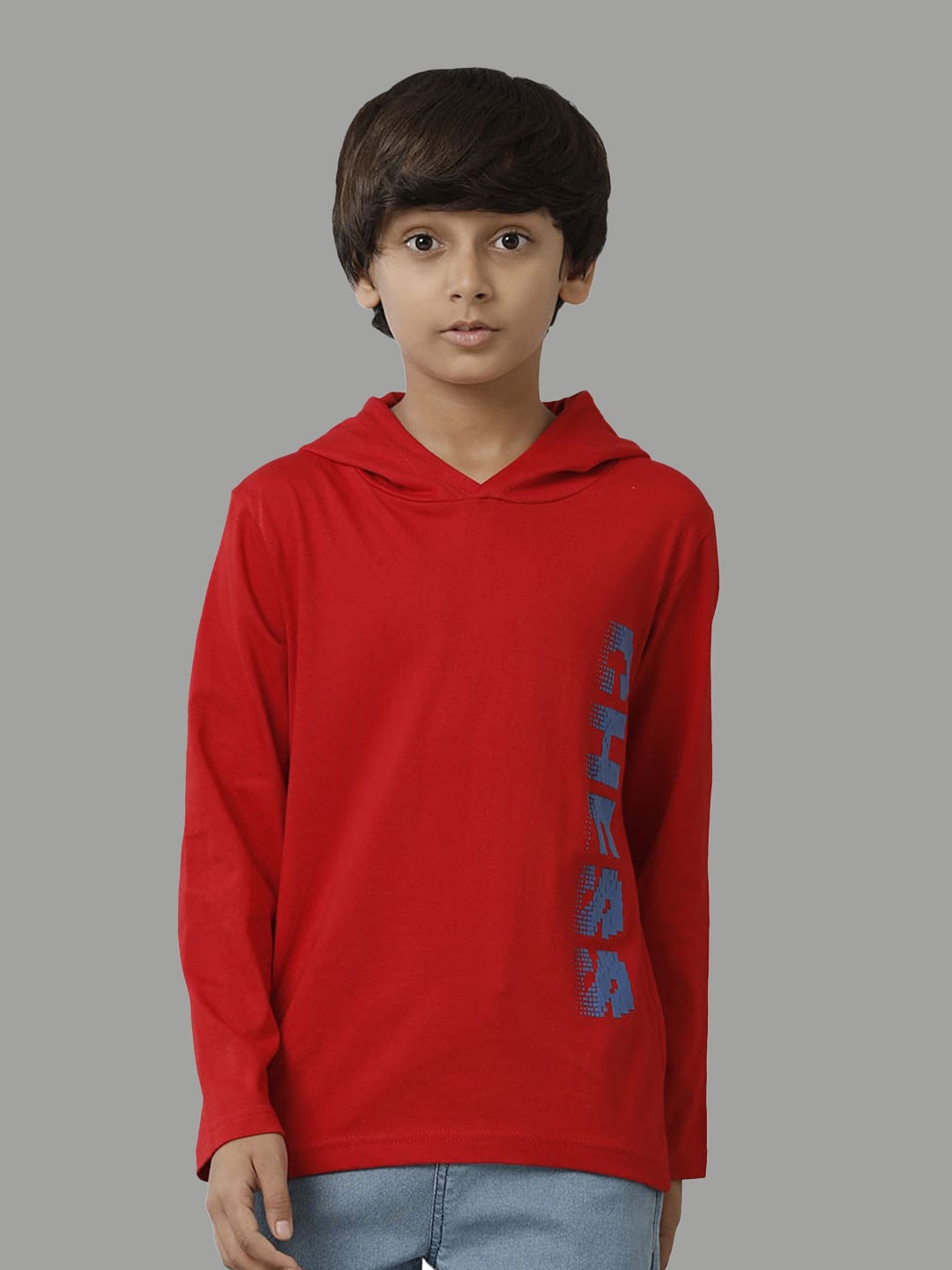 

UNDER FOURTEEN ONLY Boys Typography Printed Hooded Cotton Regular T-shirt, Red