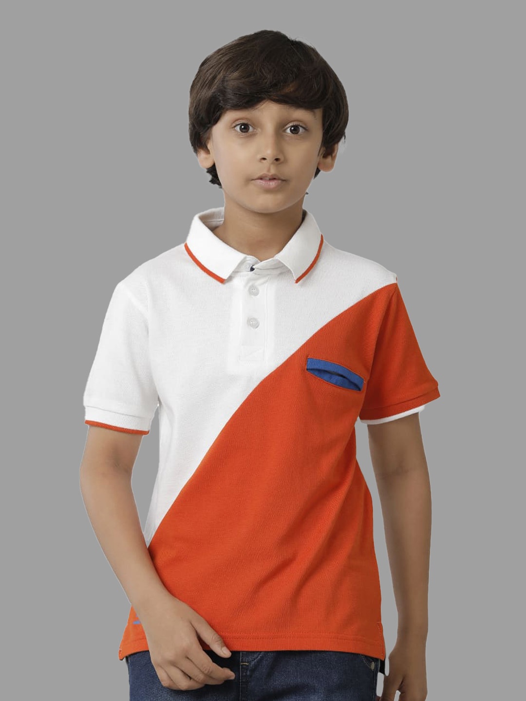 

UNDER FOURTEEN ONLY Boys Colourblocked Polo Collar Cotton T-shirt, Orange