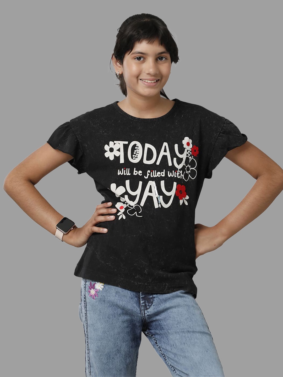 

UNDER FOURTEEN ONLY Girls Typography Printed Cotton T-shirt, Black