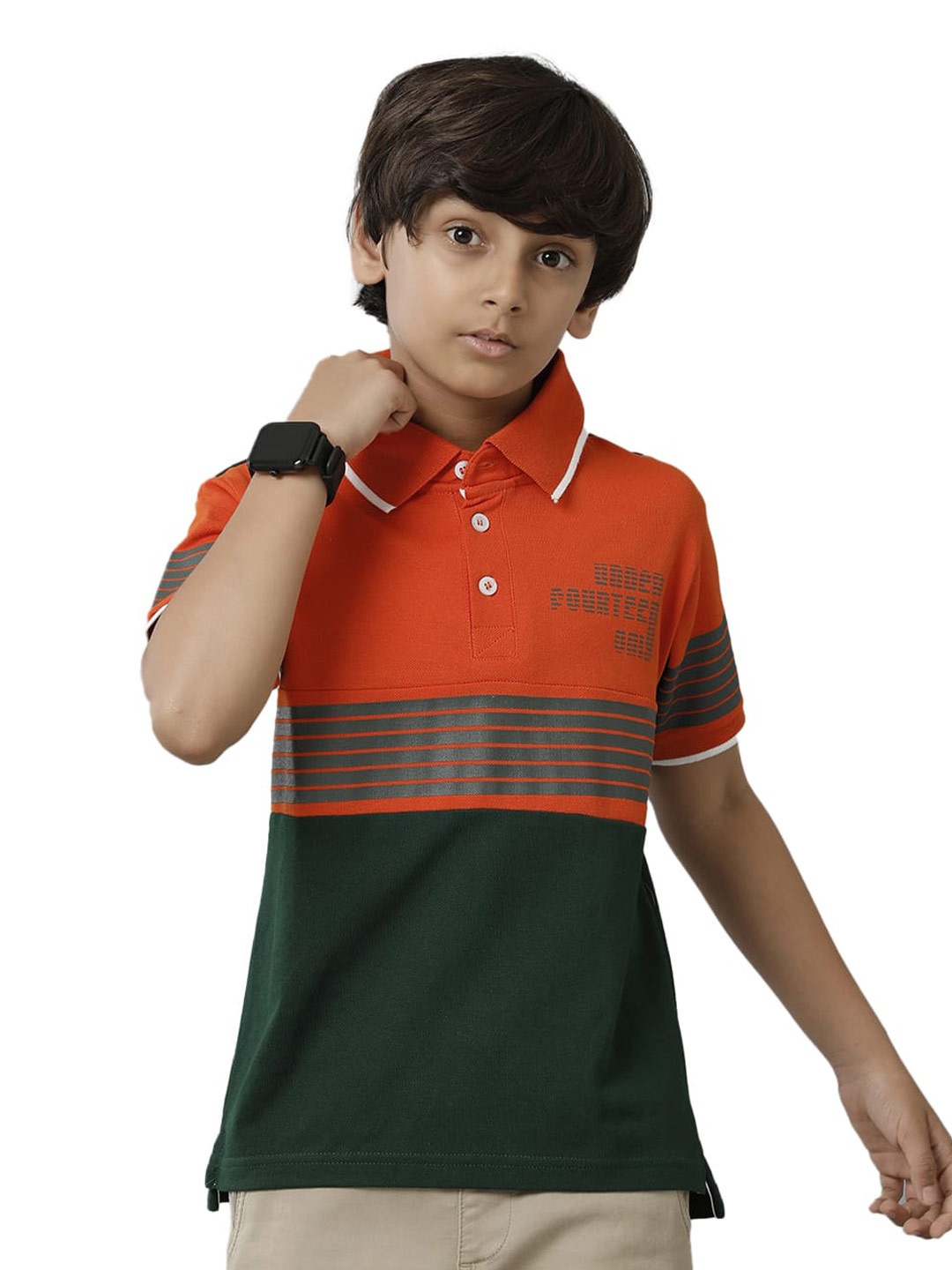 

UNDER FOURTEEN ONLY Boys Colourblocked Polo Collar Cotton T-shirt, Orange