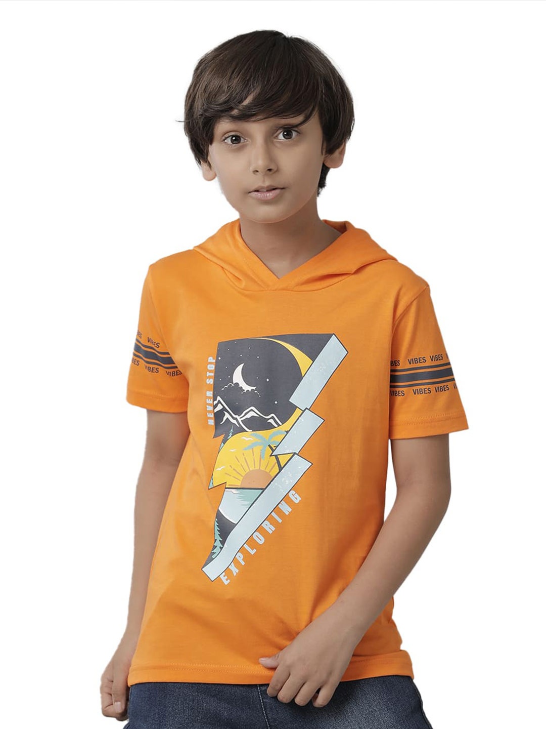 

UNDER FOURTEEN ONLY Boys Graphic Printed Hooded Cotton T-shirt, Orange