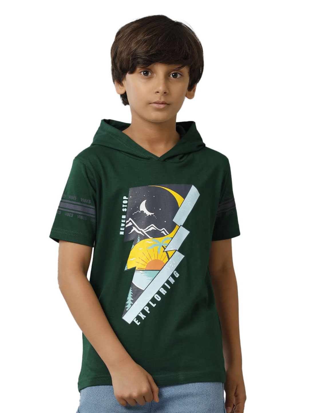 

UNDER FOURTEEN ONLY Boys Graphic Printed Hooded Cotton T-shirt, Green