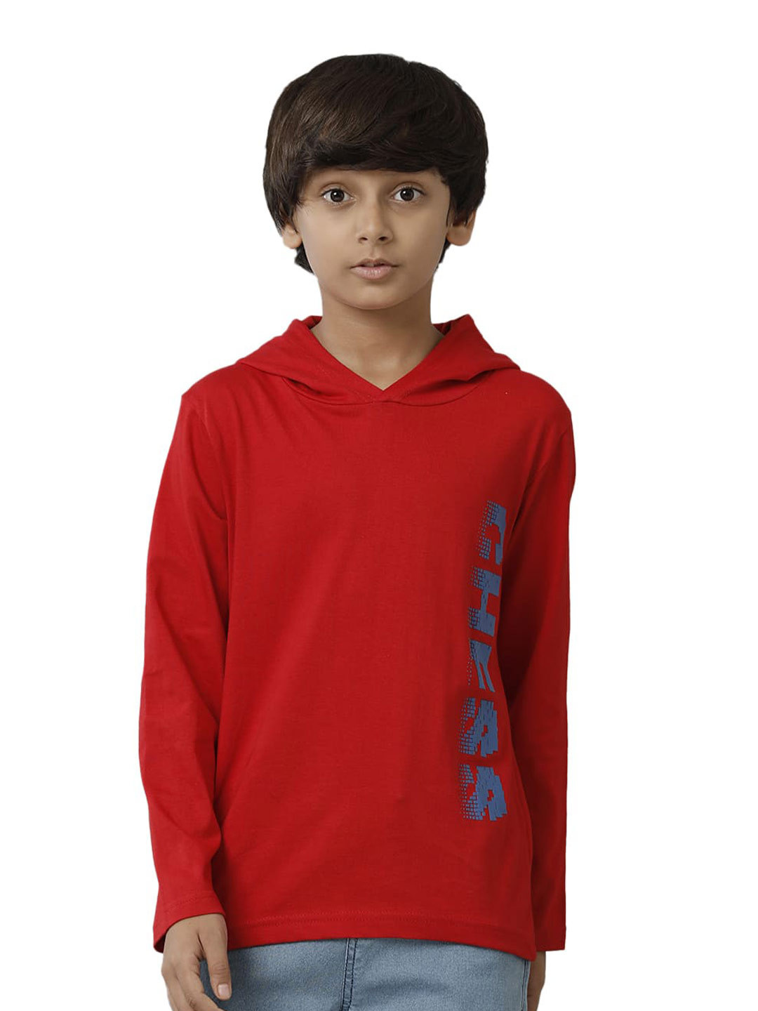 

UNDER FOURTEEN ONLY Boys Typography Printed Hooded Cotton T-shirt, Red