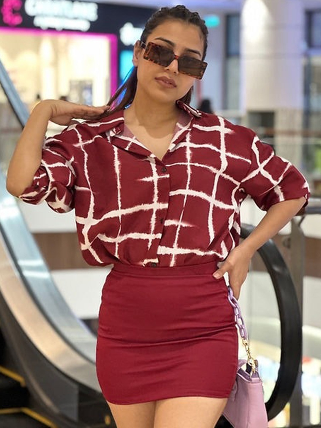 

StyleAsh Oversized Checked Shirt & Mini Skirt, Maroon