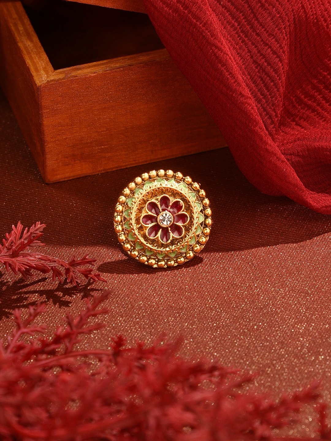 

Zaveri Pearls Gold-Plated Meenakari Adjustable Finger Ring