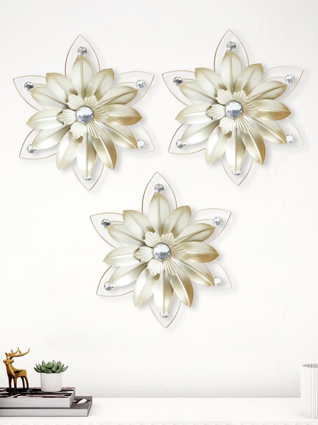 

Home Centre 3-Pcs White Textured Floral Wall Decor, Gold