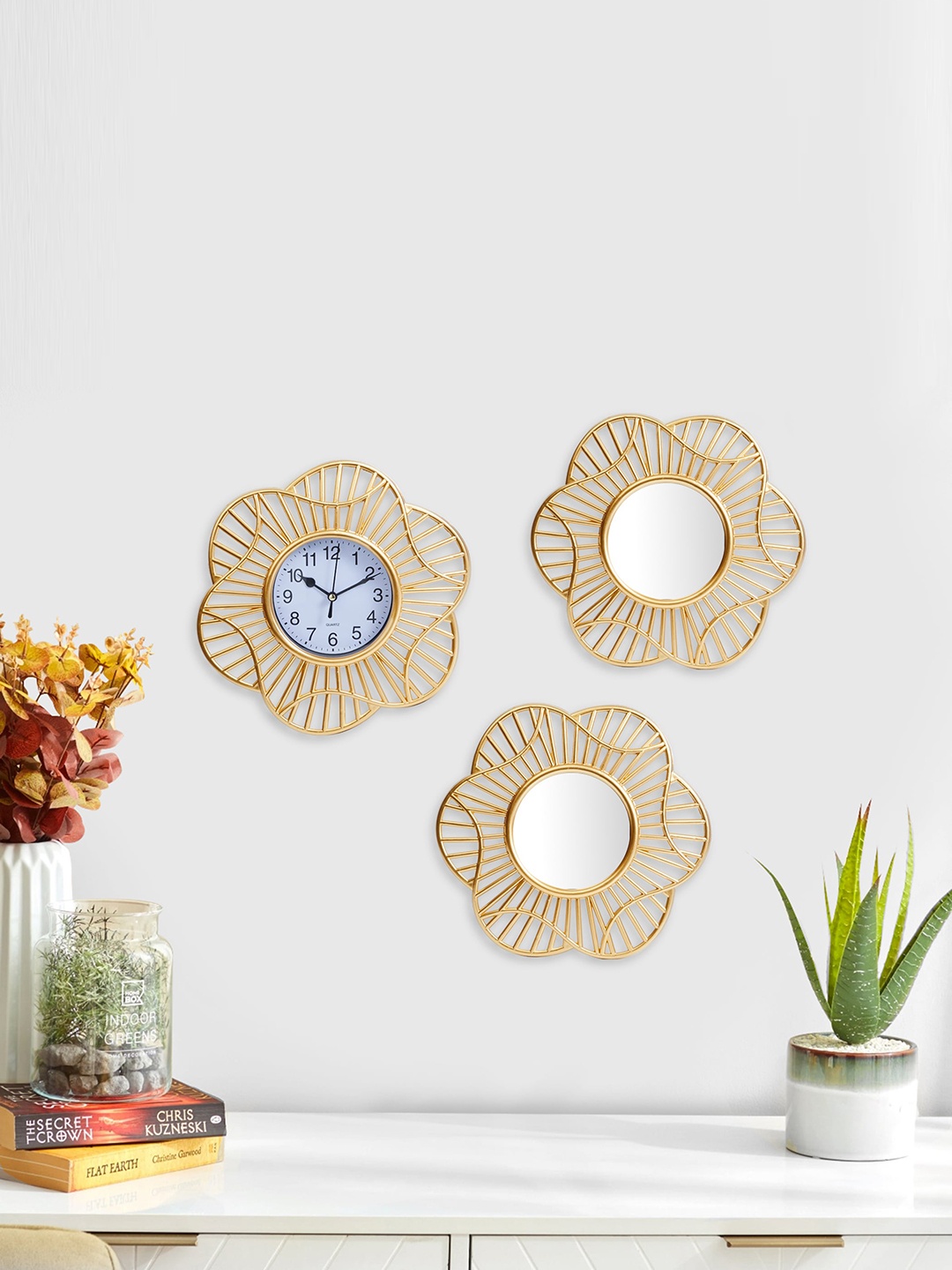 

Home Centre Gold Toned 3 Pieces Clock and Mirror Wall Decor Set
