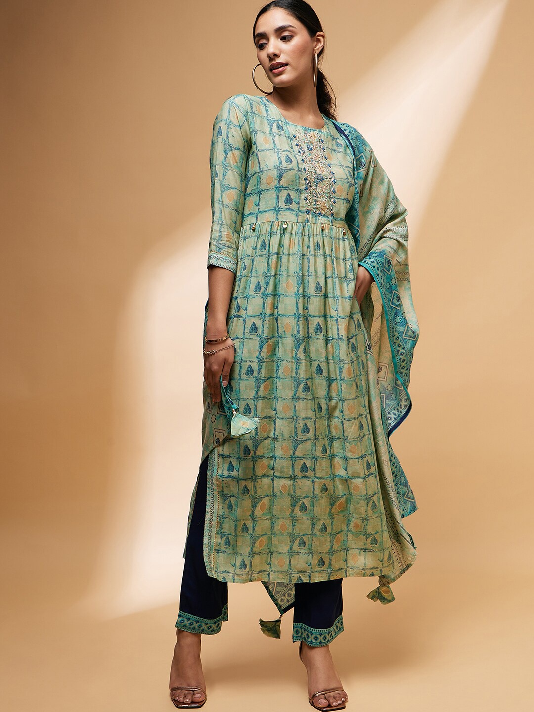 

all about you Ethnic Motifs Printed Chanderi Silk Kurta With Trousers & Dupatta, Turquoise blue