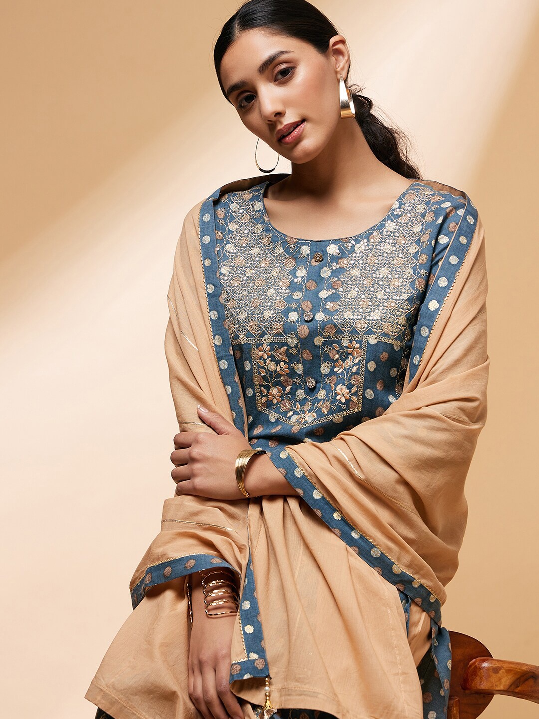 

all about you Ethnic Motifs Embroidered Kurta With Trousers & Dupatta, Grey