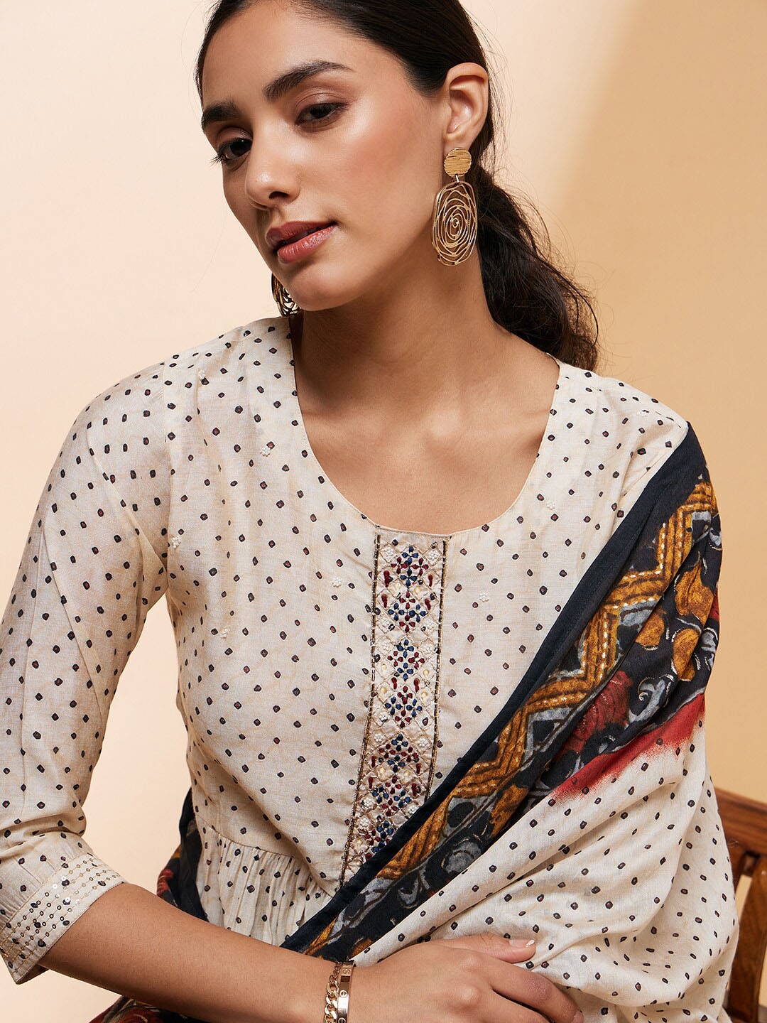 

all about you Ethnic Motifs Printed Chanderi Silk Kurta With Trousers & Dupatta, Off white