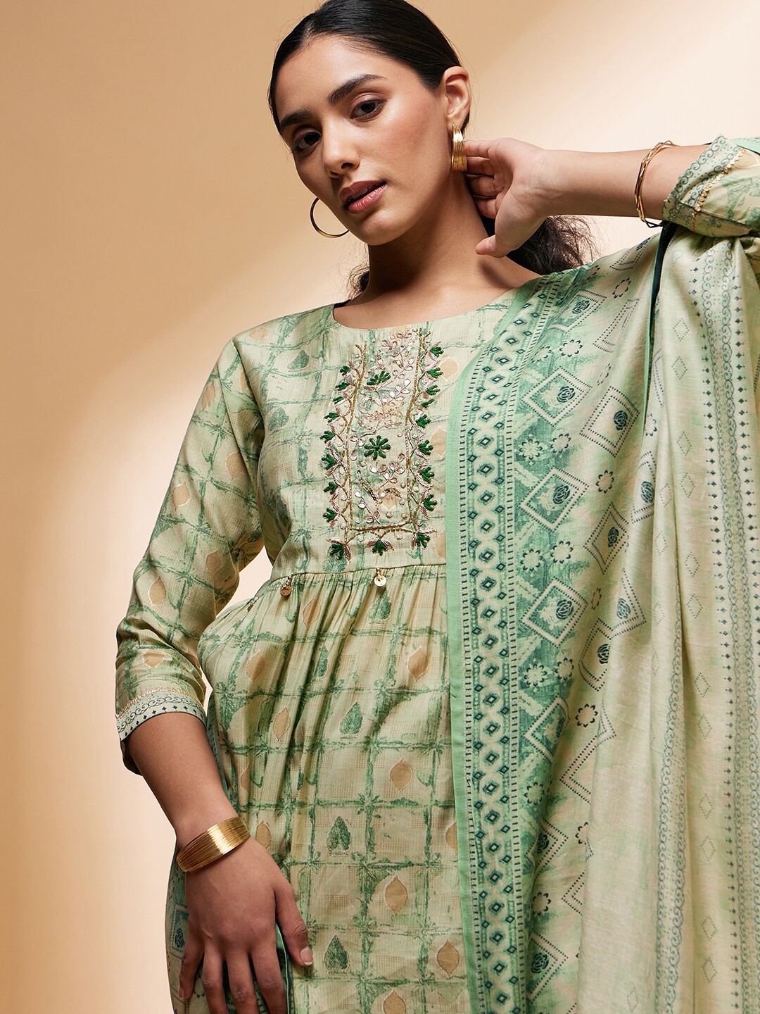 

all about you Ethnic Motifs Printed Chanderi Silk Kurta With Trousers & Dupatta, Sea green